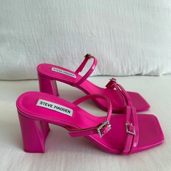 Steve Madden Hot Pink Strappy Block Heel Sandals w/ Rhinestone Buckles - Picture 4 of 6
